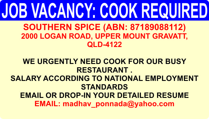 COOK REQUIRED FOR BUSY RESTAURANT