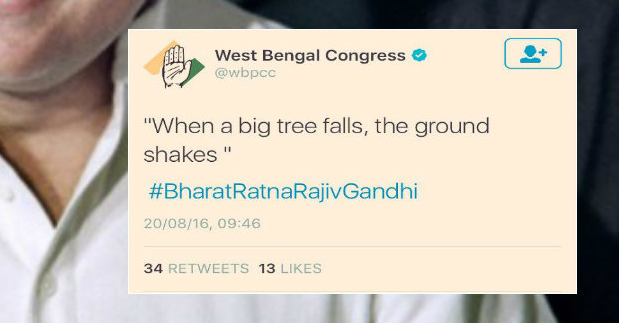 West Bengal’s Congress unit in a fix after posting Rajiv Gandhi’s controversial quote on Twitter