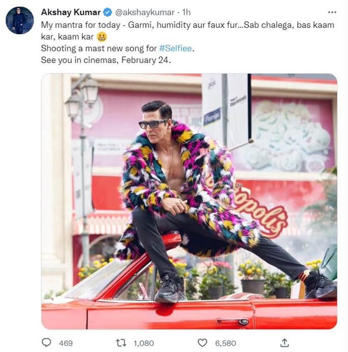 Akshay Kumar Announces Release Date for “SELFIEE” with Still from Song Shoot